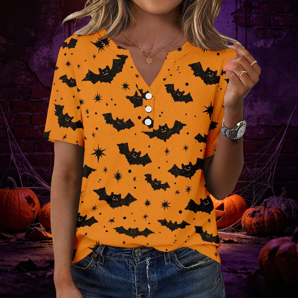 Women V Neck Short Sleeve Button Decor Top with Halloween Print Casual Loose Fit T Shirt for Daily Wear