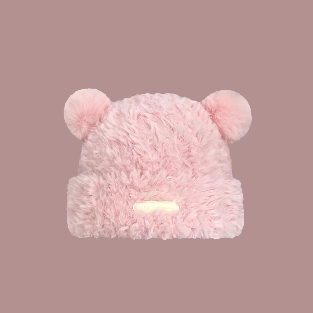 Plush Hat Female Winter Cute Bear Ears Striped Contrasting Color New Sweet Contrasting Color Knitted Wool Hat