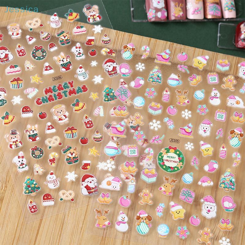 5D Relief Christmas Luminous Nail Stickers Self-Adhesive Glow-in-the-Dark Holiday Nail Art Decals (Santa/Gingerbread Designs)