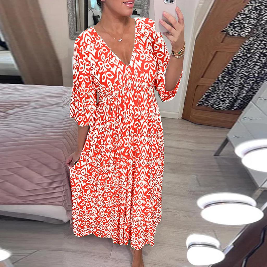 Women's Fashionable Casual Printed V-Neck Dress With Tunic Waist Ruffle Sleeves 3/4 Sleeves A-Line Dress