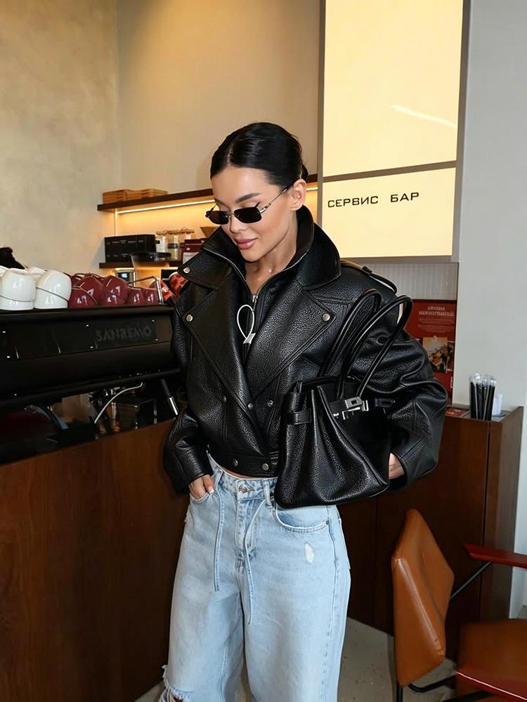 Women's European & American Style Short Lapel Motorcycle Leather Jacket - Slim Fit for Spring & Autumn 2026