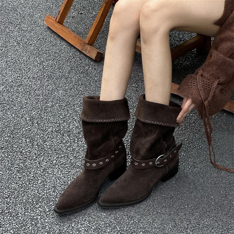 

Винтажные женские ковбойские сапоги с острым носком и плиссировкой, модные, на толстом каблуке, ботильоны-рыцари, слипоны 35 коричневый