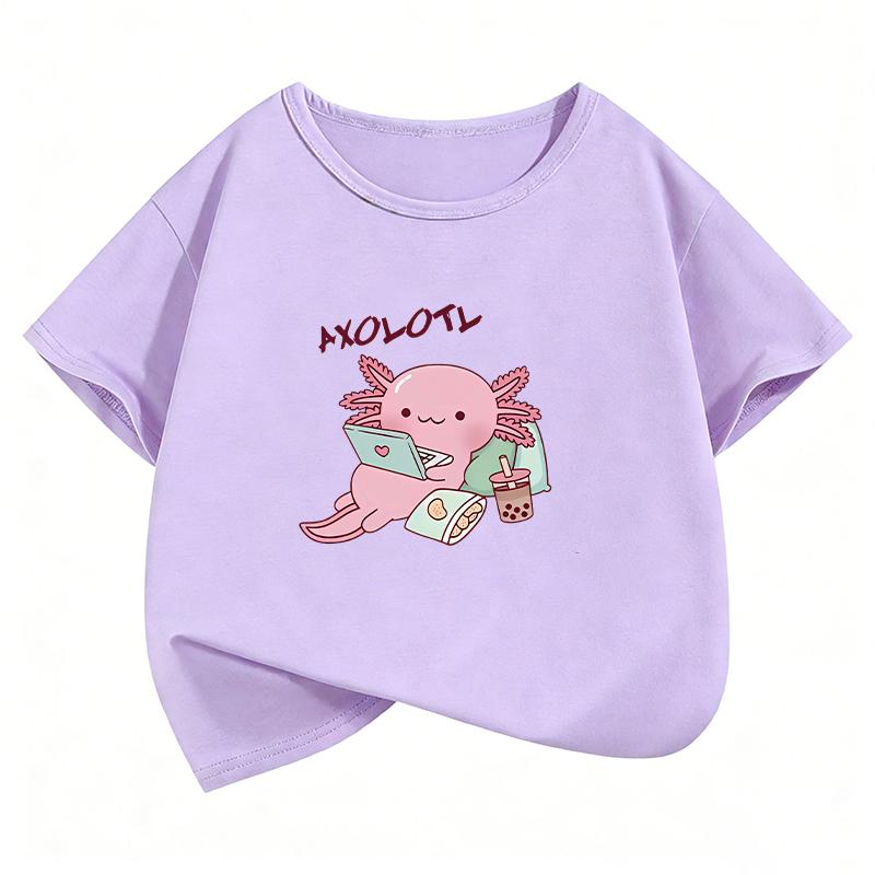 New Animal Axolotl Drinking Bubble Tea T Shirts Funny Summer Kids Childrens Tshirt Boys Girls Casual Top Tee