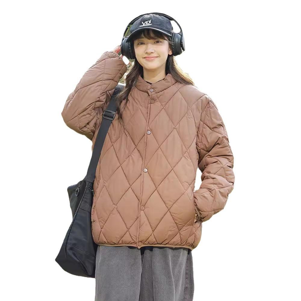 Simple diamond lattice collar warm cotton jacket women's short light and loose 2025 winter new Korean version of down cotton jacket