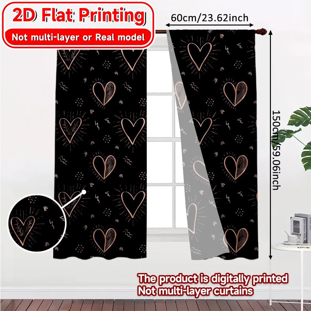 Set Of 2 Flat Printing Curtains Without Rod Heart Pattern Popular Drapes Festival Versatile Durable Polyester Curtain