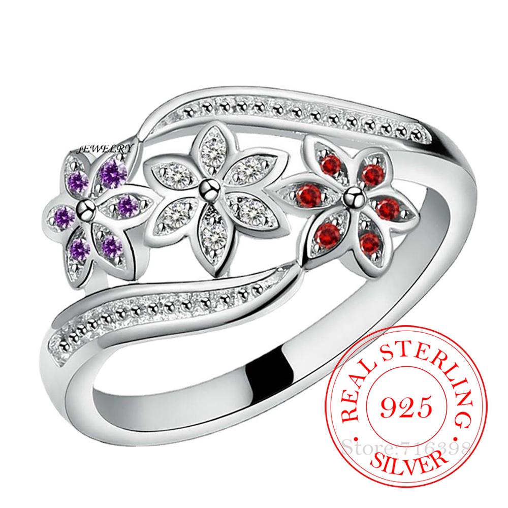 

925 Sterling Silver Flower Ring for Women - Elegant White Red Purple CZ Jewelry Classic Dainty Band for Wedding Engagement One Size