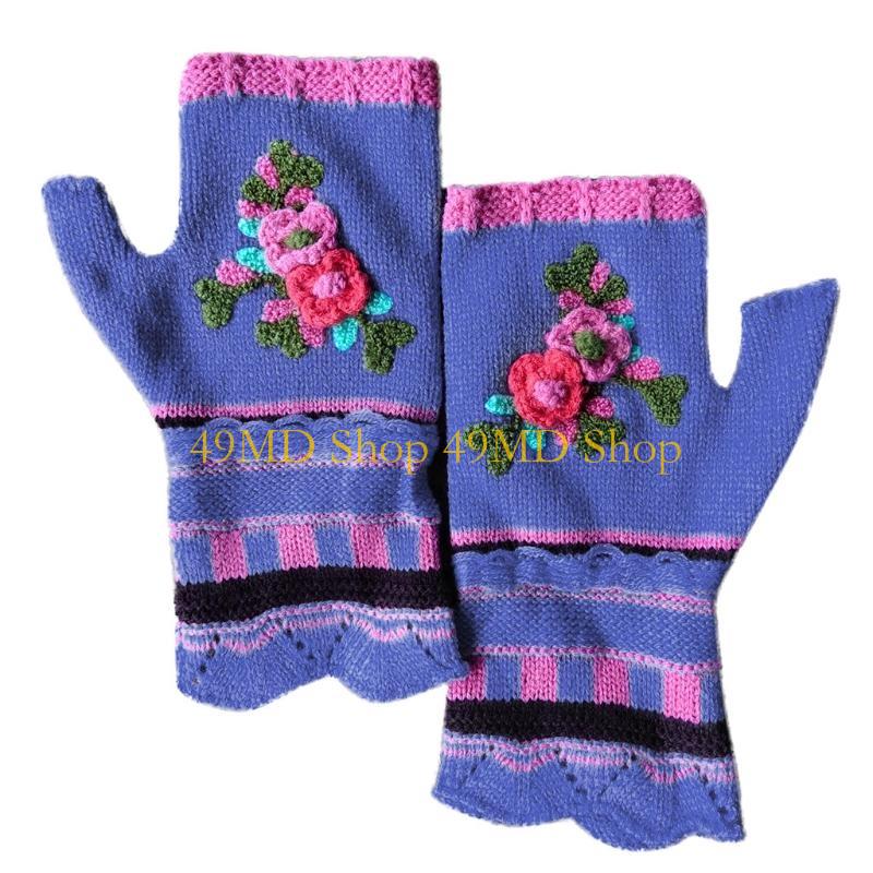 49MD Women Multicolor Jacquard Crochet Floral Fingerless Gloves Knitted Half Finger Texting Mittens Thumb Hole Arm Warmers