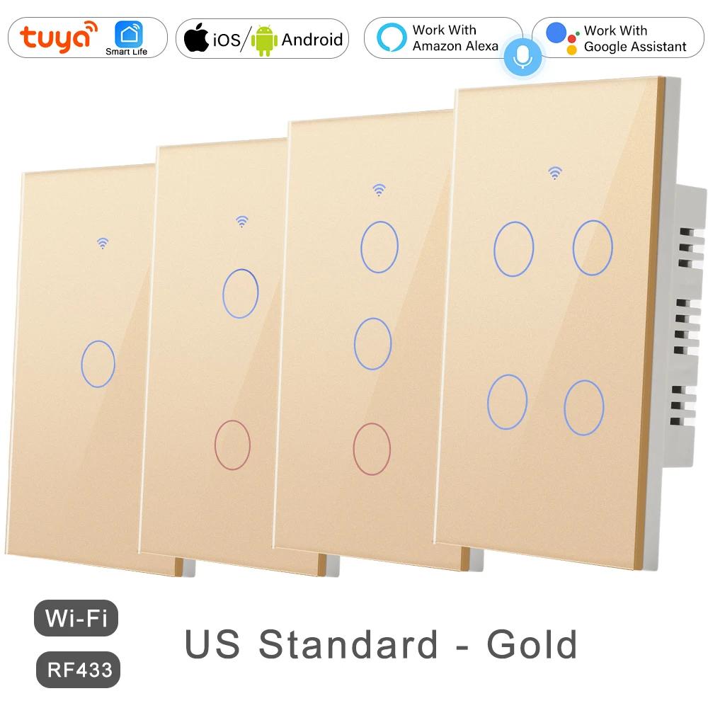 

433 mhz WiFi Tuya Smart Remote Control Touch Light Switch RF for Lights Australia US BR IL Alexa 220V with no Null 1 2 3 4 Gang Live and Neutral&1-Gang золотой