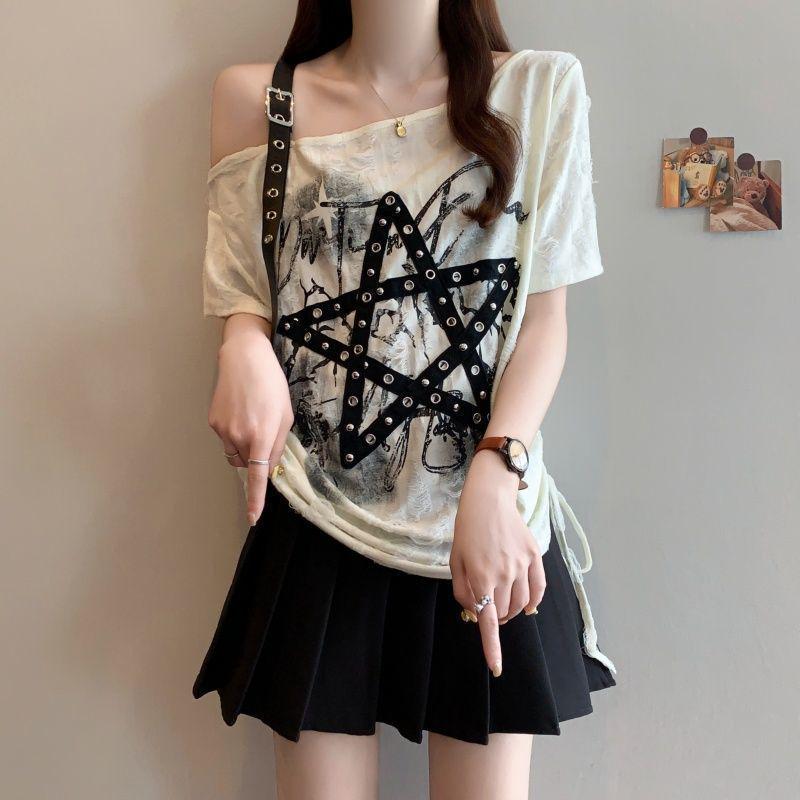 

Plus Size One-Shoulder Ripped V-Neck Drawstring T-Shirt, Short-Sleeve, Loose Fit, Slimming Women s Summer Top XL (for 60-70 kg) абрикосовый