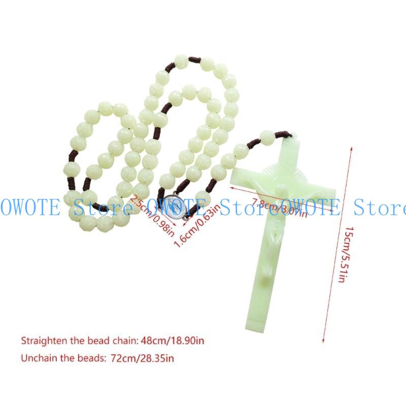 A52E Luminous Rosary Green Beads Necklace Catholic Rosary Beads with Natural Stone Crucifix Religious Jewelry for Women Men
