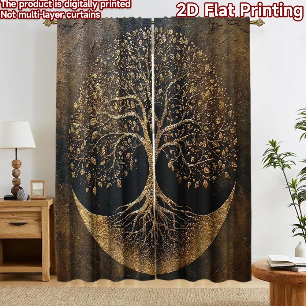 2D flat printing 2pcs Curtain Window Curtains Golden Tree Design Digital Printed Polyester Drapes Festive Wall Decor Perfect for 60×150cm(23.6×59in)