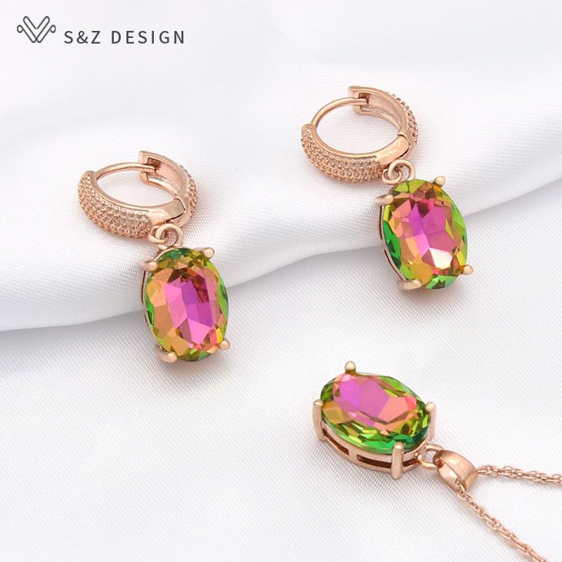 

Модные серьги-капли цвета розового золота овальной формы в форме яйца с кристаллами, комплекты ювелирных изделий для женщин, свадебной вечеринки, элегантное ожерелье с подвеской