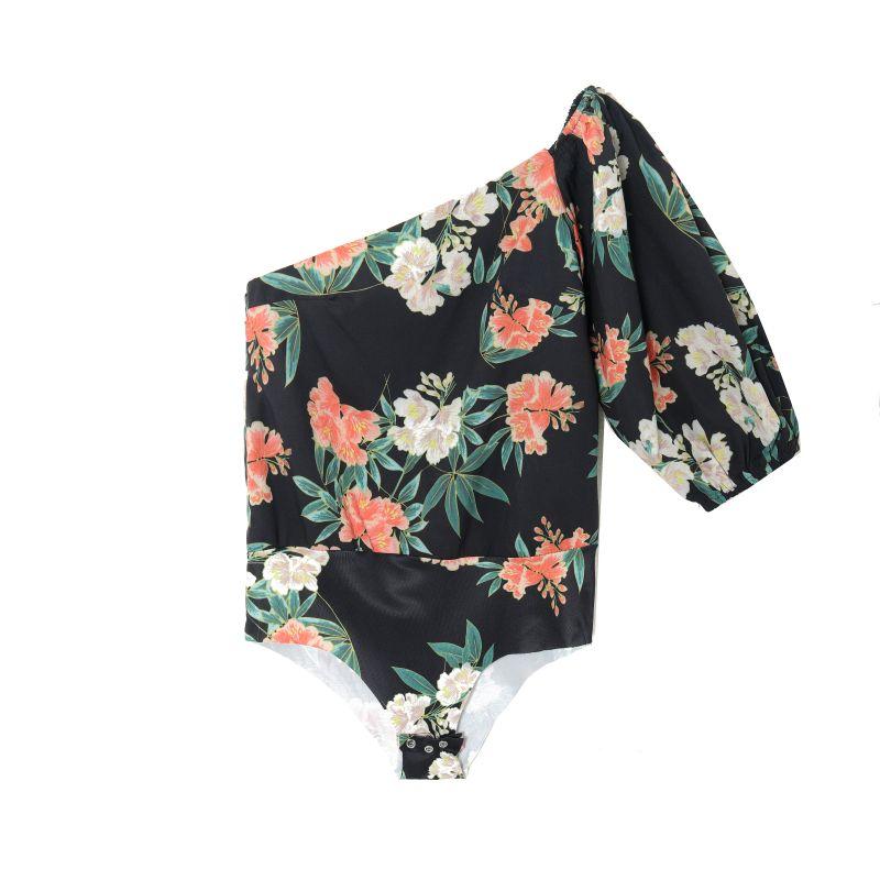 

Весна Лето 2023 Женская Мода Европейский и Американский Стиль Принт Сексуальный С Оголенным Плечом Односторонний Рукав Три Четверти Приталенная Блузка с Ластовицей Printed S