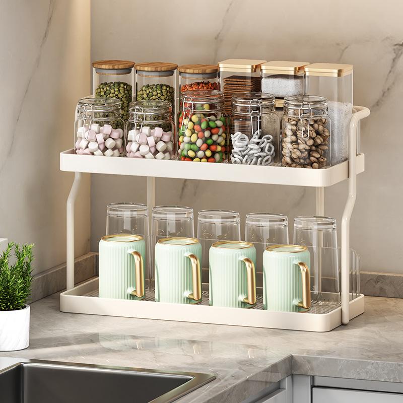 

Dual Layer Kitchen Spice Cup Rack Countertop Wall Mounted Carbon Steel Storage Rack Type A