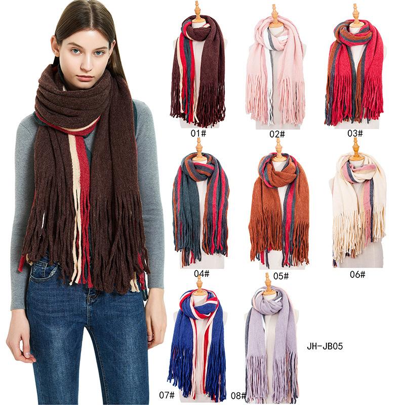 Autumn Winter Warm Shawl Female Block Color Long Tassel Scarf