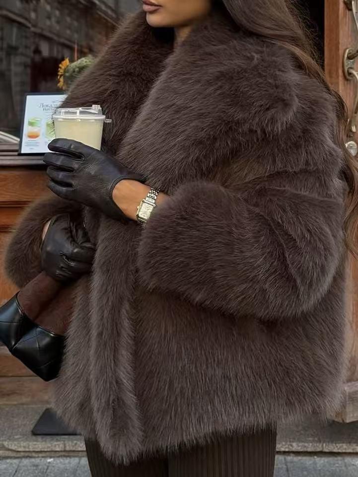Women's Cross-Border Faux Fox Fur Coat - Plush, Regular Style