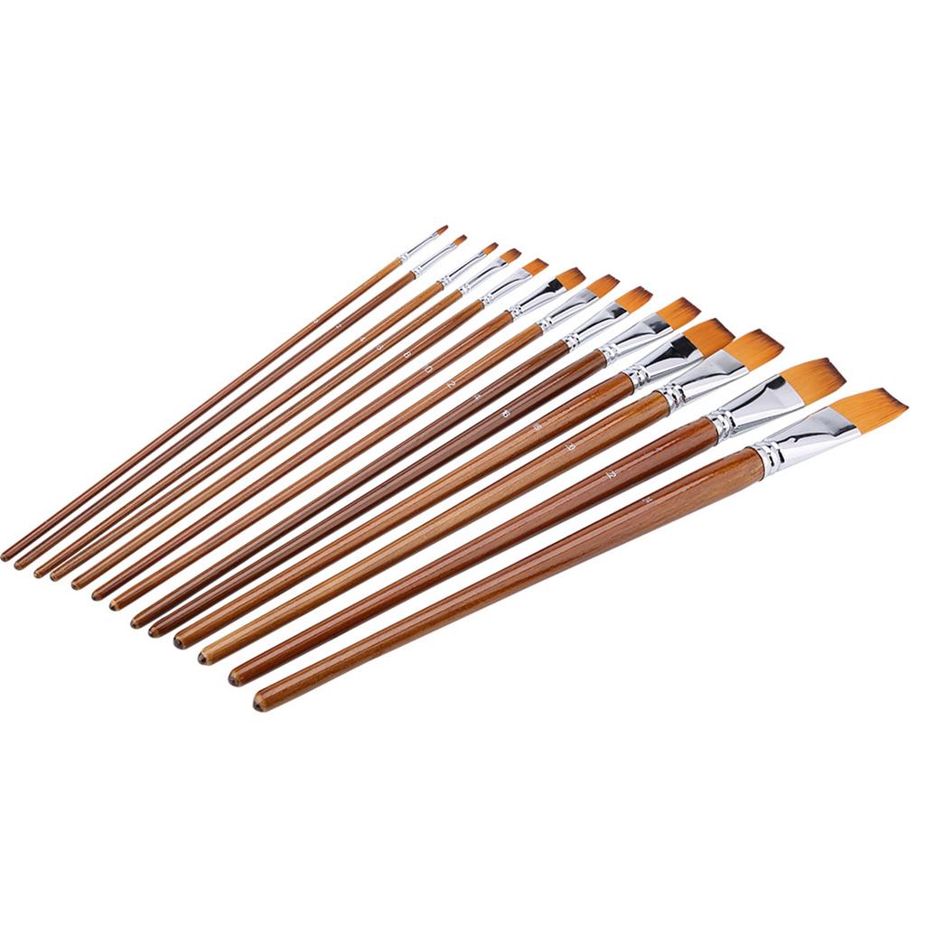 13Pcs Nylon Hair Watercolor Oil Painting Flat Brush Set Wooden Handle Professional Art Supplies