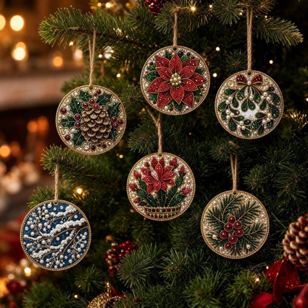 6Pcs Wooden Base Wooden Christmas Ornaments Set Art Xmas Hanging Decor Wall Decoration