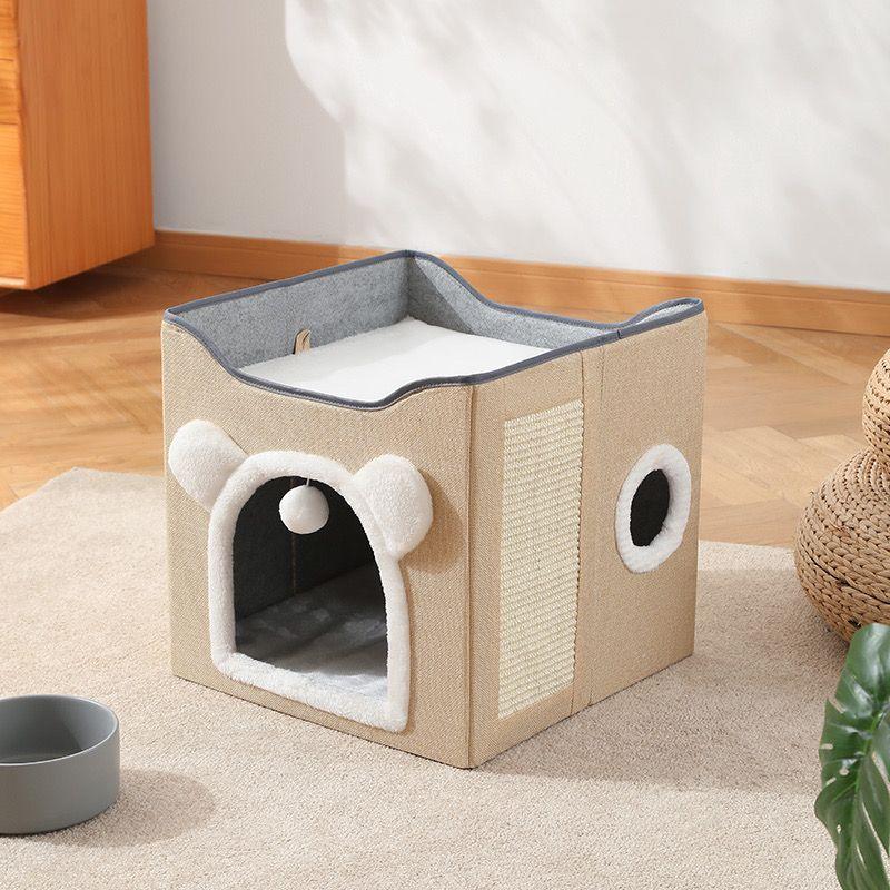 Double Layered  Pet Cat House Large Foldable Cat Bed Four Season Universal Cats with Ball Hanging Cube Beds Pet Supplies & Pet