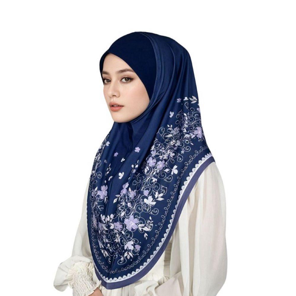 Adjustable Eid Al-Fitr Long Floral Turban Cotton Hijab Head Wrap Printed Arab Lady Headscarf Women темно-синий