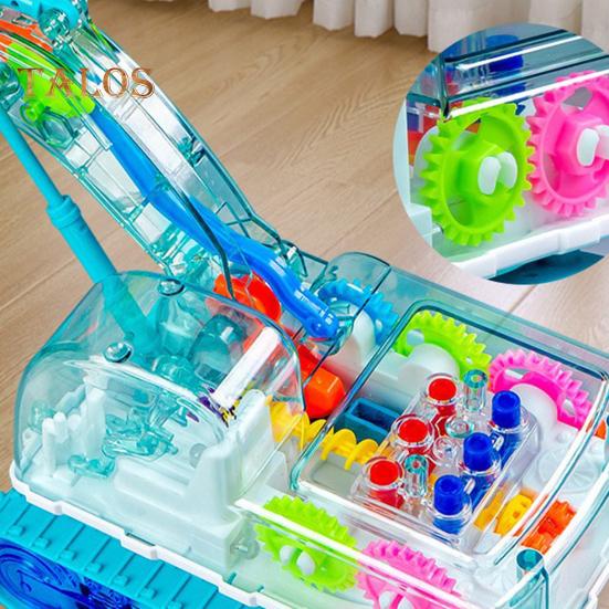 Clear Mechanical Gear Excavator Toy with Colorful LED Lights Music Movable Digging Arm Electric Construction Vehicle Toddlers Boys Educational