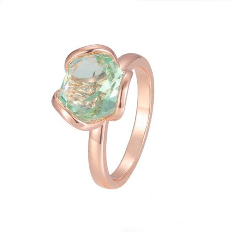 FJ Women Green Stone 585 Rose Gold Color Geometry Rings Zircon