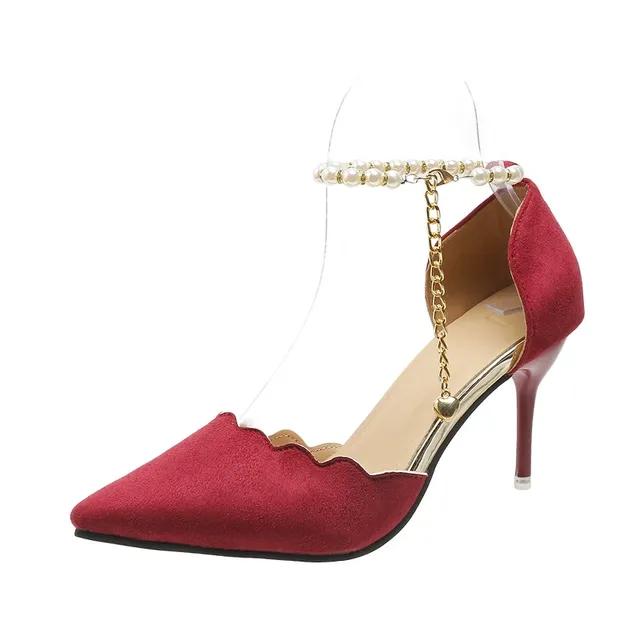 Модные замшевые элегантные женские туфли-лодочки на тонком высоком каблуке с острым носком и цепочкой из бисера темпераментные вечерние модельные туфли средней полости 39 красный 3294₽