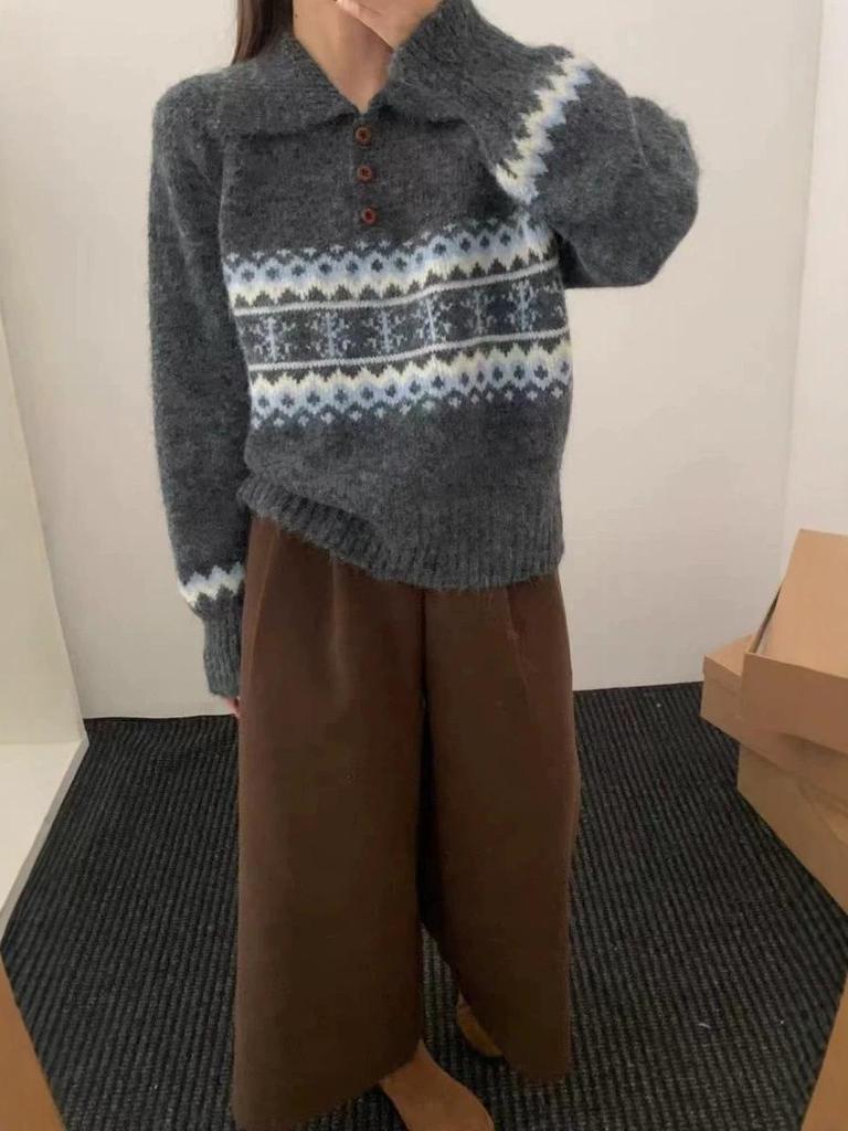 Women's Retro Wool Jacquard Color Block Polo Collar Sweater - Loose Fit, Autumn/Winter Collection