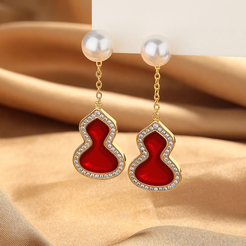 

Позолоченные 18-каратным золотом серьги-подвески в китайском стиле с красной тыквой-горлянкой и жемчугом для женщин красный