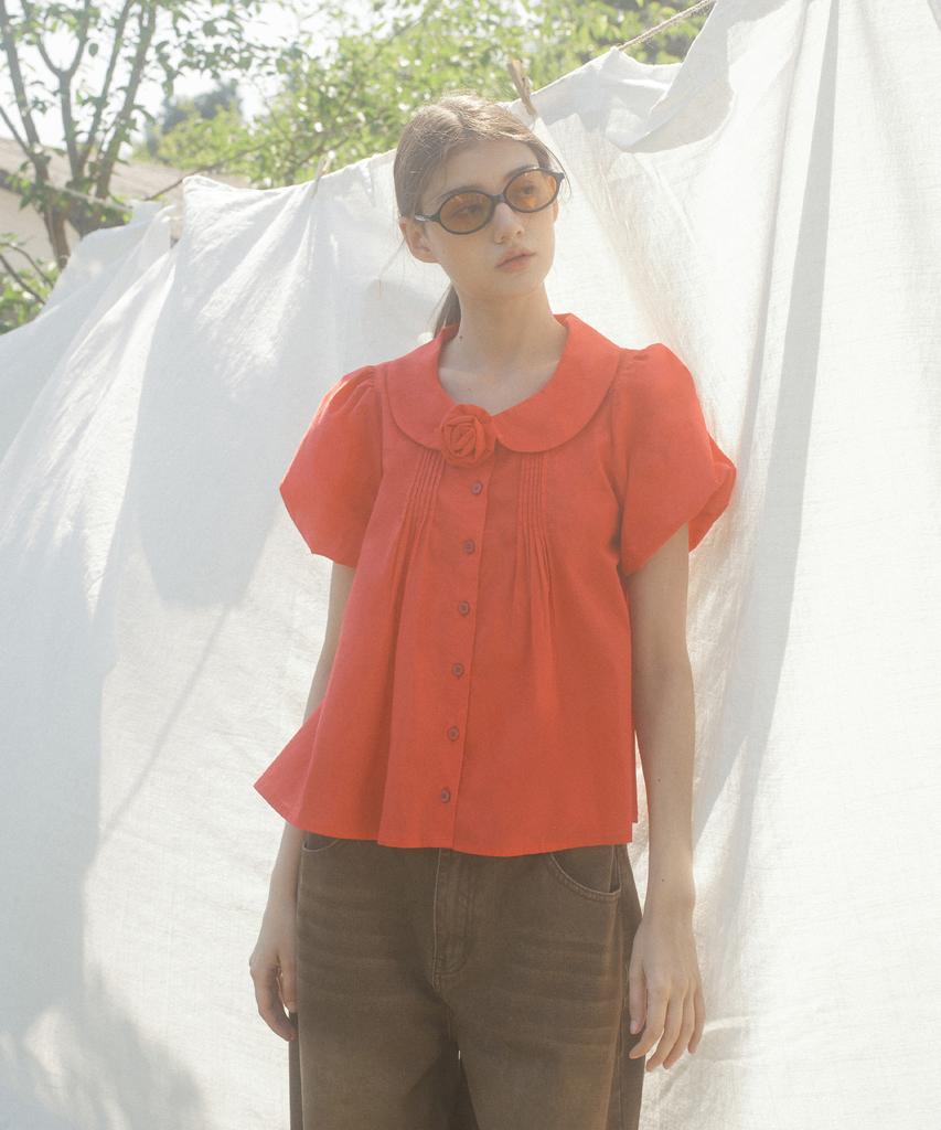 Baitalssain Corsage Pintuck Puff Blouse (Red)