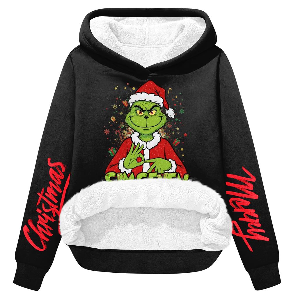 Women's Casual Fashion Plus Velvet Thickened Christmas Print Hooded Sweatshirt