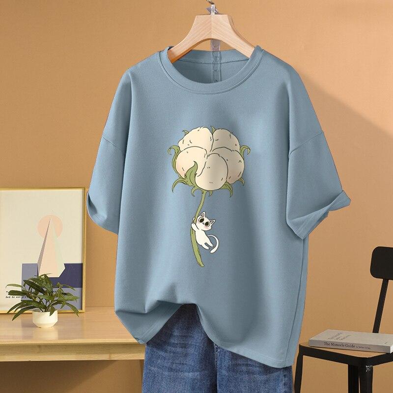 

Женские топы 100% хлопок L-5XL Футболка Плюс Размер Футболка с коротким рукавом Мультфильм Женщины Топ Лето Сладкая пара O Шея Оверсайз Футболки