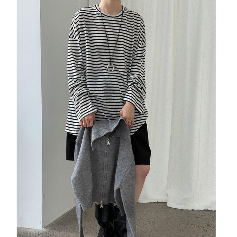 Johnature Korean Lazy Loose Striped Long Sleeve Women Autumn Versatile Base Casual O-neck Pullover Loose Top T-shirts