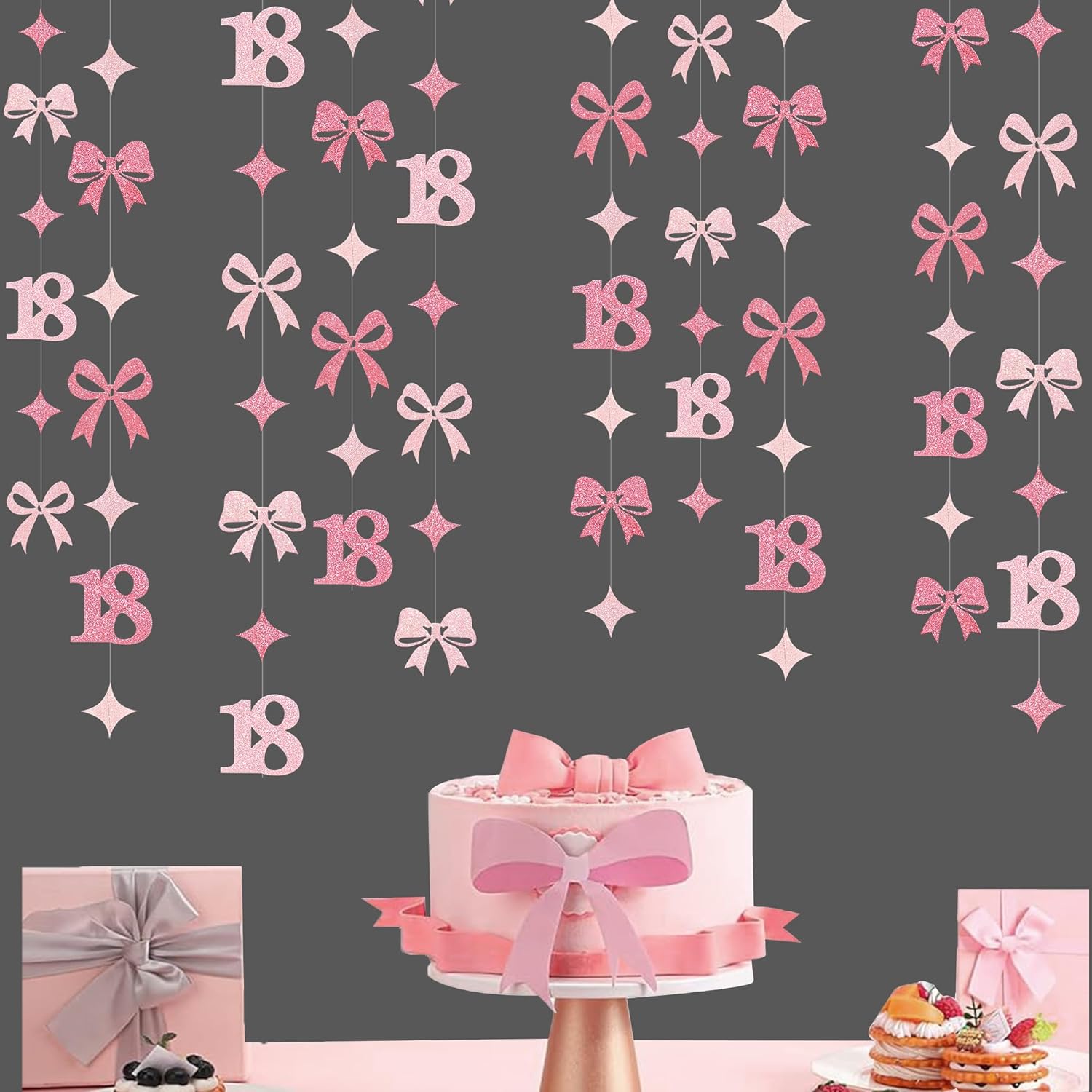Glitter Pink 18th Bow Birthday Decorations Hot Pink Conquette Bow Garland Streamer Banner Backdrop for Girls Happy 18th Birthday Time to Adult Cheers