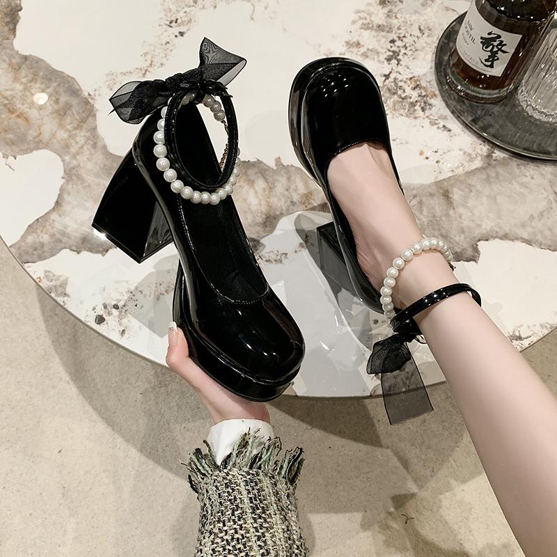 Designer Mary Jane Shoes Women's Spring New Ultra-high Heel Pearl Chain with Platform Block Heel Wedding Shoes Lolita Shoes