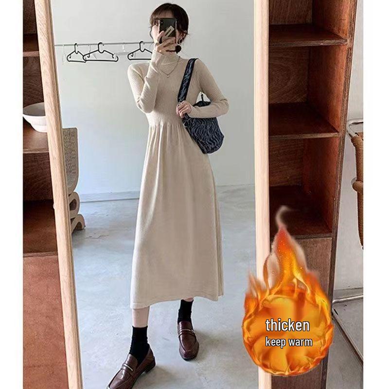 Schwarzes Wollkleid im Hepburn-Stil mit halbhohem Kragen für Herbst/Winter