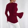Elegant Women's V-Neck Bell Sleeve Ribbed Knit T-Shirt