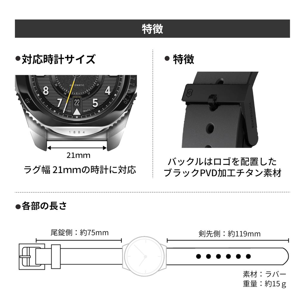 Victorinox 21mm Watch Rubber Strap with D2 Pin Lightweight and Black Band, Tool-Free Buckle, Breathable, [V.60045]