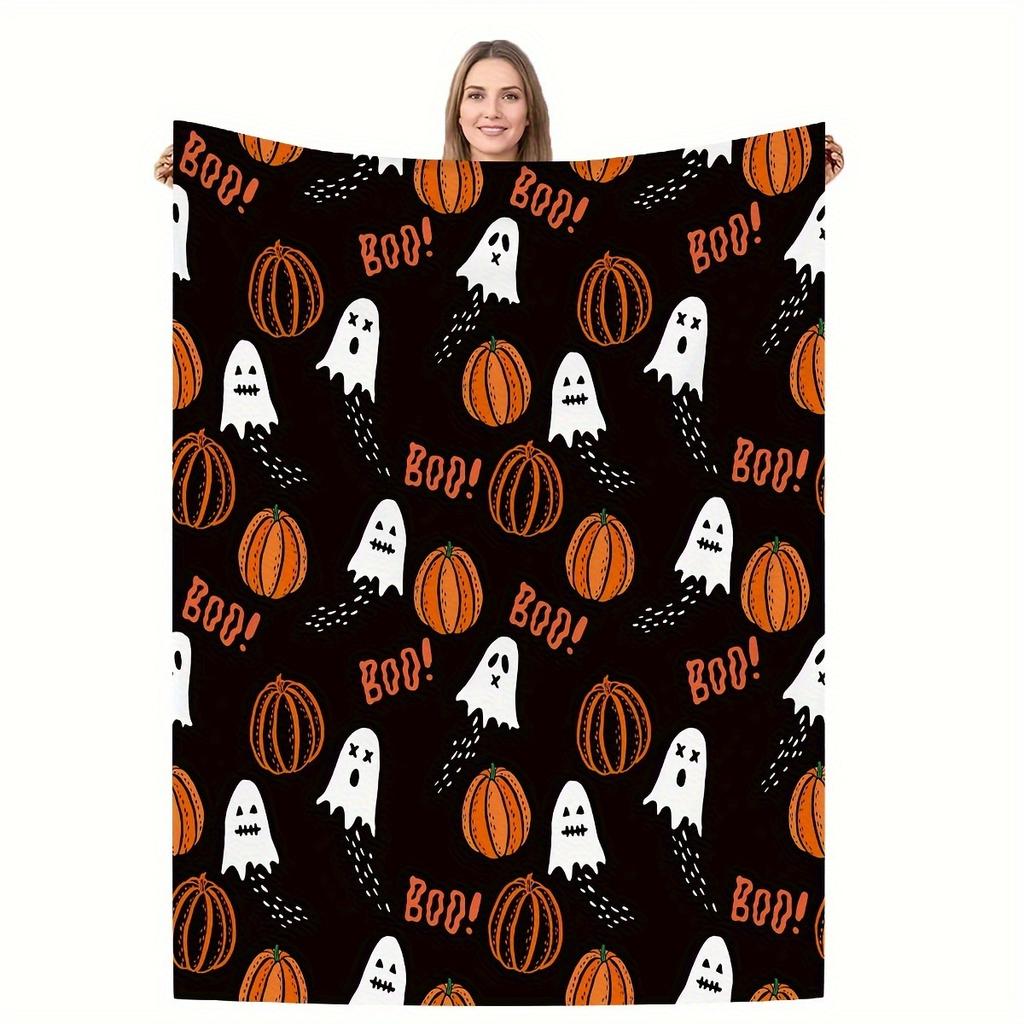 Halloween Ghost Pumpkin Skull Flannel Blanket Throw Blanket Nap Blanket Party Decor Horror Gift Skin Friendly Reversible