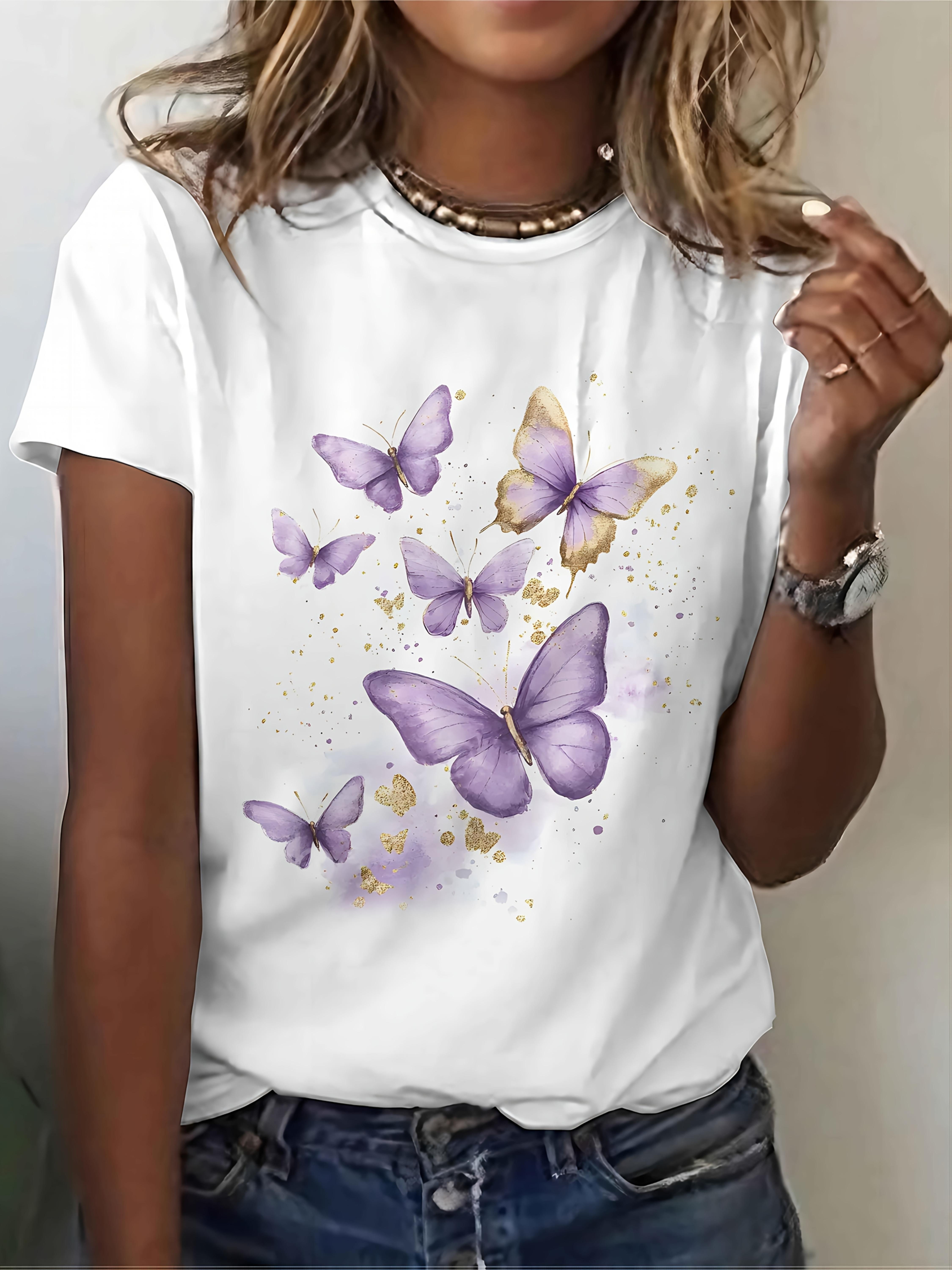 

Women Purple-Golden Butterfly Print T-Shirt - Watercolor Crew Neck Short Sleeve Blouse-Compatible Top Suitable for Casual ; Dressy Wear. Machine Was M дубильна кора