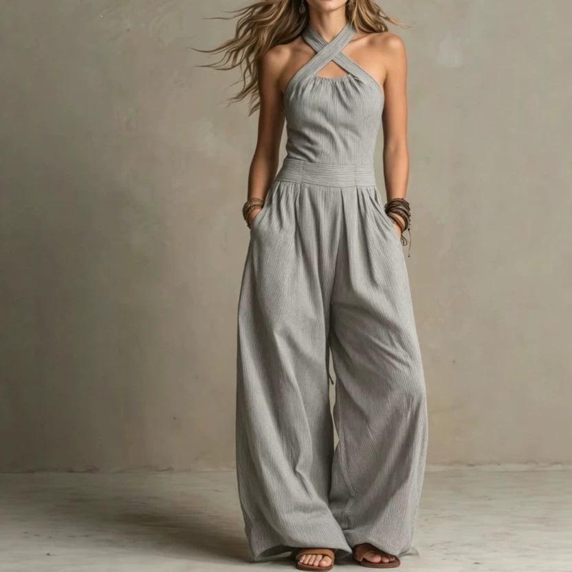 2026 European and American cross-border independent station Amazon's new sleeveless lazy wind pendant feeling neck women's wide-leg jumpsuit