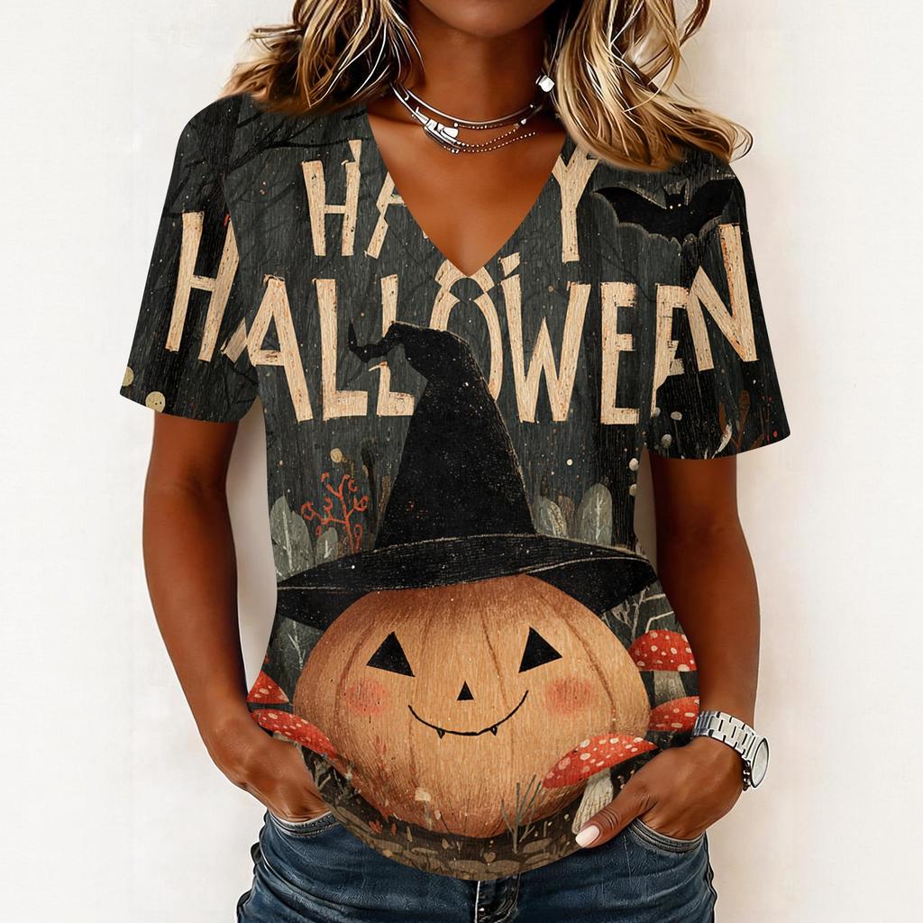Women's Casual Short Sleeve V Neck Pullover Top Halloween Themed Graphic Print Lightweight Comfortable Fit