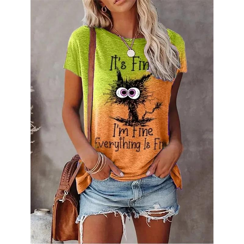 3D Printed T-Shirt - Women s Streetwear - Summer Cartoon Cat Casual Fashion - Short-Sleeved T-Shirt Top XL