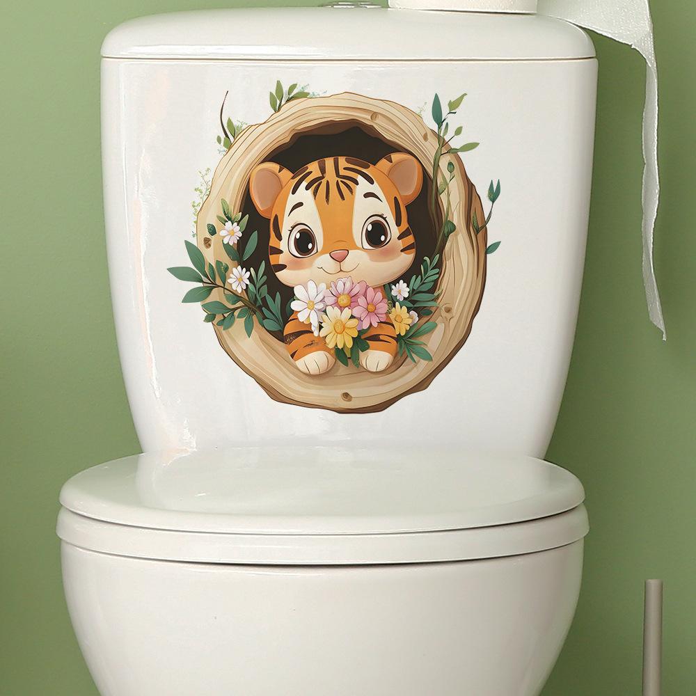 Cartoon Tiger in Tree Hollow Toilet Wall Sticker Self-Adhesive Removable Bathroom Cute Home Decor Art