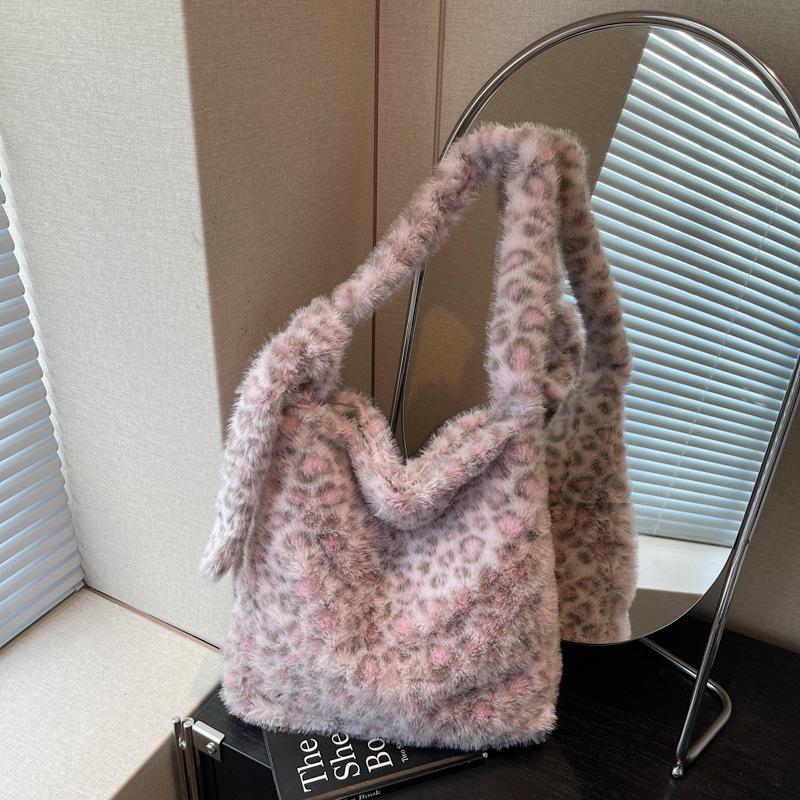 Herbst Tigerdruck Schultertasche mit großem Fassungsvermögen Damen Cartoon Leopardenmuster Plüsch Umhängetasche Achseltasche