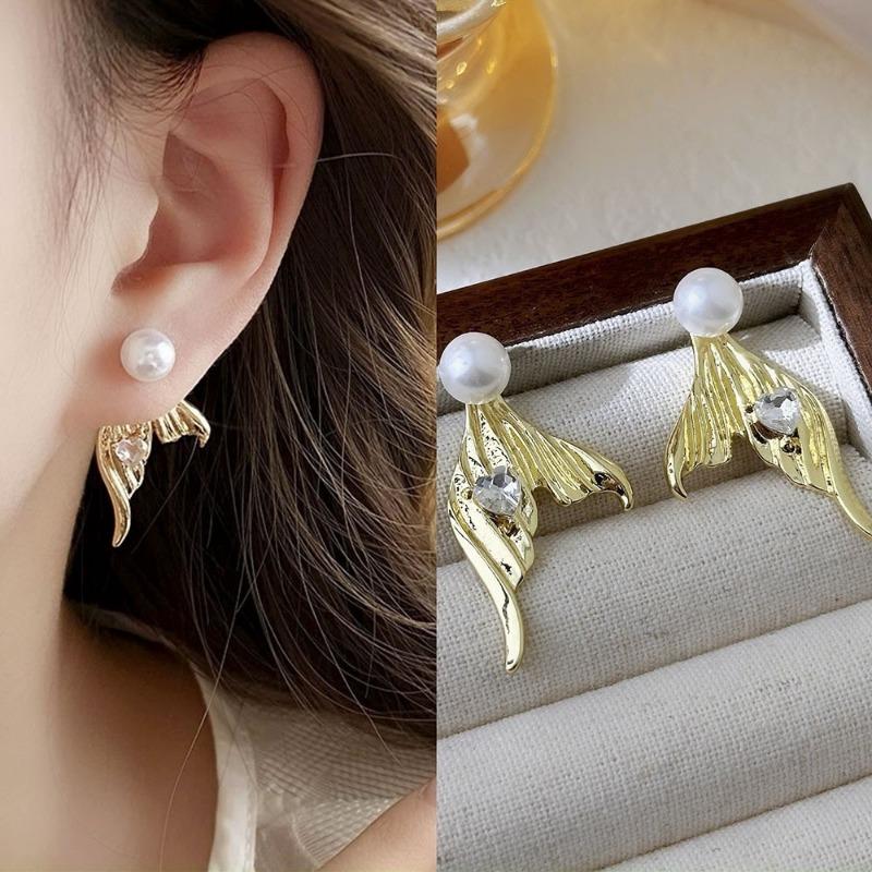 Boucle d'oreille clou Tendance Queue de Poisson Cœur Cristal Perle d'Imitation pour Femmes Tempérament Mignon Géométrie Bijou Cadeau