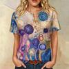 Camicia Casual da Donna con Stampa, Collo Henley, Manica Corta, Cotone e Lino, Tasca Frontale e Bottone, Vestibilità Rilassata