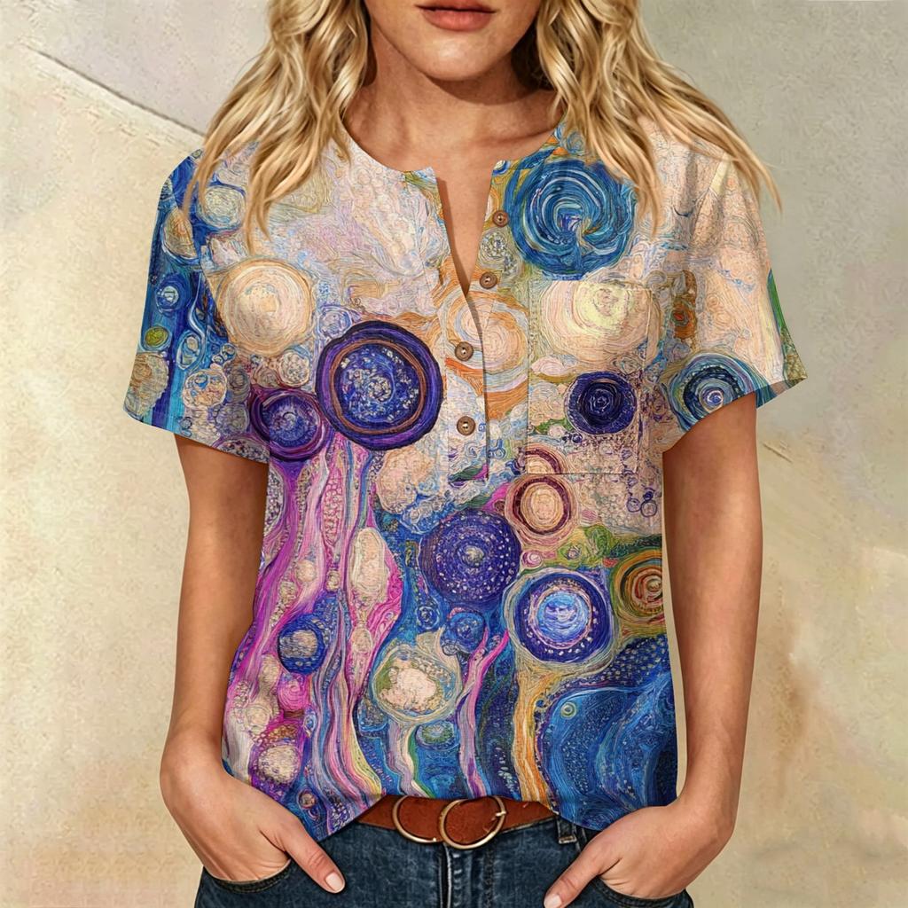Camicia Casual da Donna con Stampa, Collo Henley, Manica Corta, Cotone e Lino, Tasca Frontale e Bottone, Vestibilità Rilassata