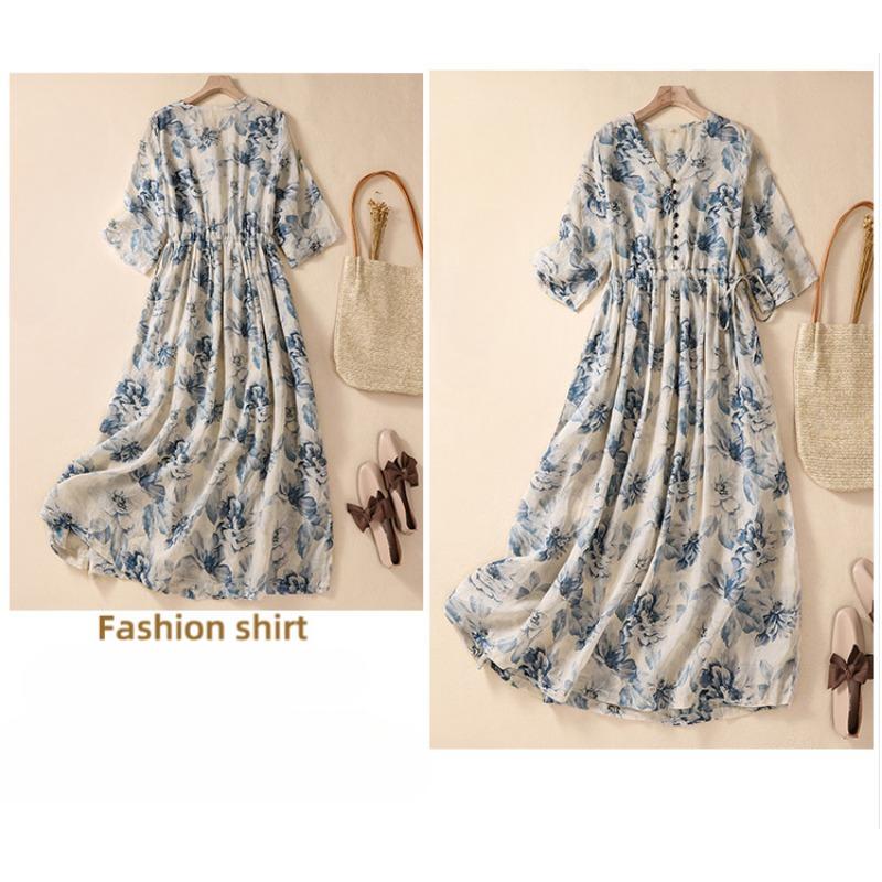 Fashion Women's Mid To Long Printed Short Sleeved Dress