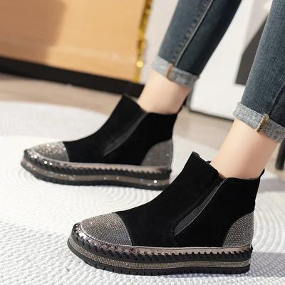 Fashion Women Luxury Crystal Chelsea Ankle Boots Flats Platform Casual Walking Shoes Winter 2024 New Designer Suede Gladiator Goth Botas